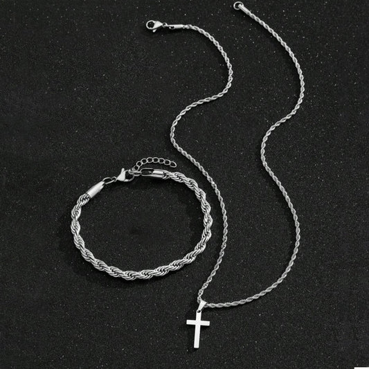 Two-piece Cuban-hair Twist Chain Cross Pendant Bracelet