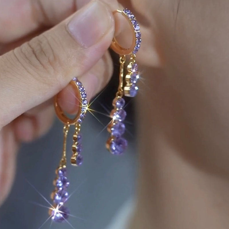 Temperament Long Purple Full Diamond Tassel Ear Clips