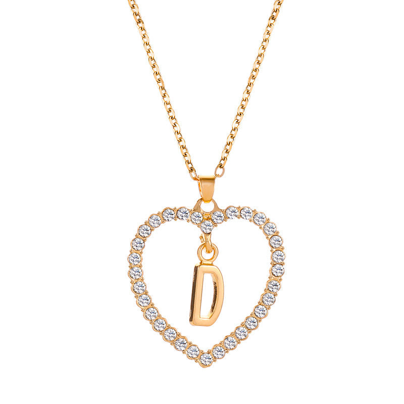 Womens Stylish & Minimalist Diamond-Encrusted 26-Letter Heart Pendant Necklace