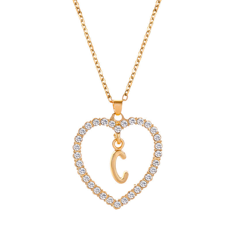Womens Stylish & Minimalist Diamond-Encrusted 26-Letter Heart Pendant Necklace