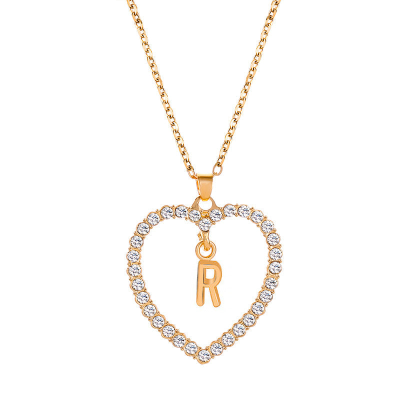 Womens Stylish & Minimalist Diamond-Encrusted 26-Letter Heart Pendant Necklace