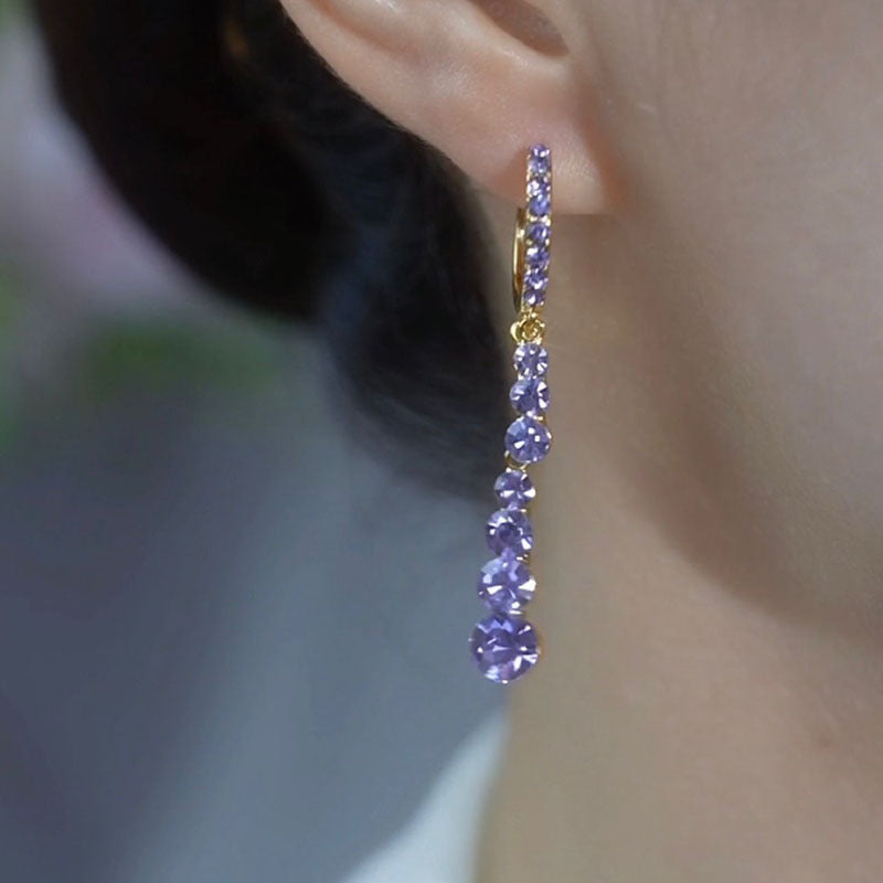 Temperament Long Purple Full Diamond Tassel Ear Clips