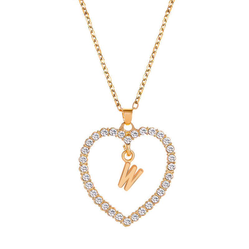 Womens Stylish & Minimalist Diamond-Encrusted 26-Letter Heart Pendant Necklace